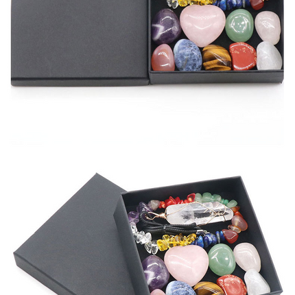 8pcs Chakra n Pink Heart Shaped Crystal Healing Stone + Mixed Crystal Bracelet + Crystal Pendant Necklace Boxed Gift Set